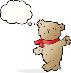cartoon waving teddy bear with thought bubble