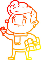 warm gradient line drawing of a happy cartoon man with gift