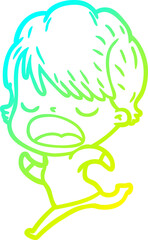 cold gradient line drawing of a cartoon woman talking