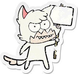 distressed sticker of a cartoon grinning fox with protest sign