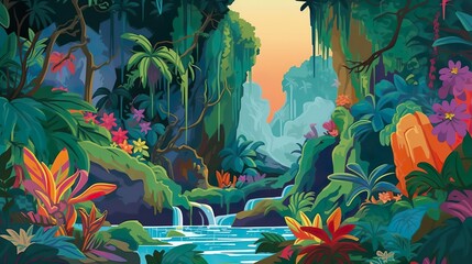 Abstract background waterfall in jungle forest. Illustration of a majestic jungle waterfall surrounded by lush greenery, featuring background and eye-catching banner design. Generative AI.