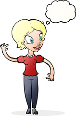 cartoon woman waving with thought bubble