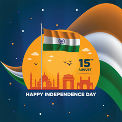 Indian national day Social Media Post Design, Independence Day of India banner with retro abstract geometric shapes. Indian flag with landscape landmarks Vector Illustration 