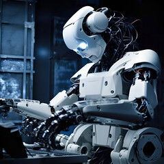 Fototapeta premium Stylish handsome cyborg, a futuristic character in a male body on a dark background, generative AI.