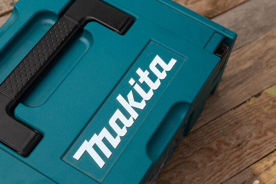 Makita logo on case. Professional electric Makita tools: Latvia, Talsi, May 05, 2023