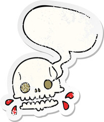 cartoon spooky skull with speech bubble distressed distressed old sticker