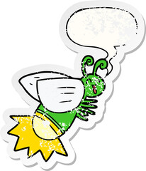 cartoon glow bug with speech bubble distressed distressed old sticker