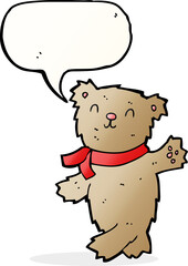cartoon waving teddy bear with speech bubble