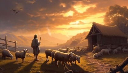 Jesus is walking in the meadow with the sheep, Jesus is shepherding. Generative Ai