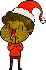 hand drawn textured cartoon of a happy man wearing santa hat