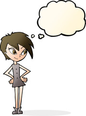 cartoon girl with hands on hips with thought bubble