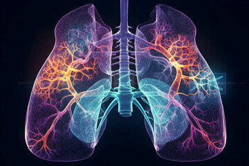 Schematic illustration of human lungs with the different elements on a colored background.