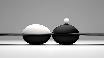 Composition from natural black and white stones on the same level. Balance or harmony concept. Decorative art. Pebbles. Generative AI. Illustration for banner, poster, cover, brochure or presentation.