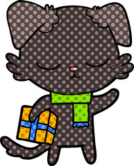 cute cartoon dog with christmas present