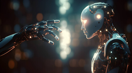 robot and human handshake in a futuristic scene full of lights