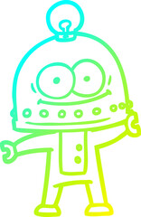 cold gradient line drawing of a happy carton robot with light bulb