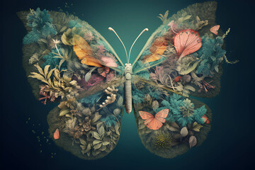 lungs surrounded by beautiful flowers and butterflies, in the style of photo-realistic compositions, colorful woodcarvings