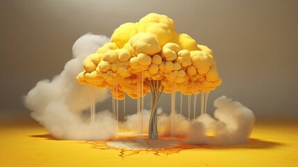 Magical fantasy tree with yellow fluffu crown. Generative AI. Illustration for banner, poster, cover, brochure or presentation.