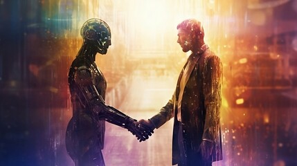 a man and robot shaking hands in a futuristic setting that is very realistic