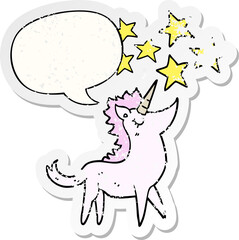 cartoon unicorn with speech bubble distressed distressed old sticker