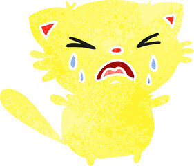 freehand drawn retro cartoon of cute kawaii crying cat