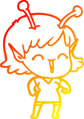 warm gradient line drawing of a cartoon alien girl laughing