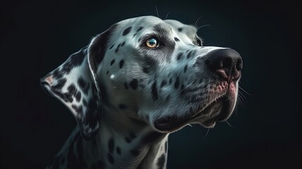 studio headshot portrait of Dalmatian dog looking forward against a black background