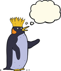 cartoon emperor penguin waving with thought bubble