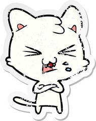 distressed sticker of a cartoon hissing cat