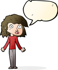 cartoon girl shrugging shoulders with speech bubble