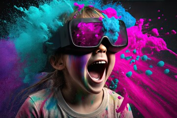 Excited child or kid wearing VR headset with a big smile on face, enjoying a virtual reality experience that sparks wonder and joy. Generative AI