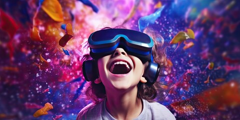 Excited child or kid wearing VR headset with a big smile on face, enjoying a virtual reality experience that sparks wonder and joy. Generative AI