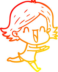 warm gradient line drawing of a cartoon happy woman