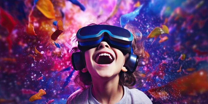 Excited child or kid wearing VR headset with a big smile on face, enjoying a virtual reality experience that sparks wonder and joy. Generative AI