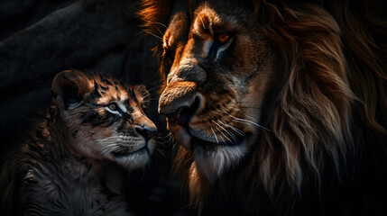 Naklejka premium lion and his cub in cave