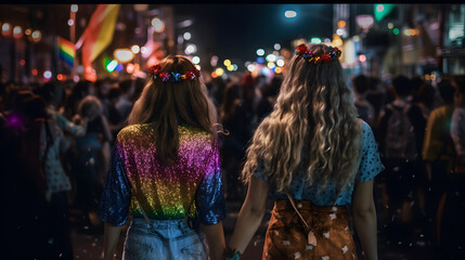 Fototapeta na wymiar Girl couple at night of pride parade. Concept of LGBT pride. AI generated