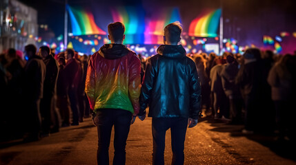 Obraz premium Men couple at night of pride parade. Concept of LGBT pride. AI generated