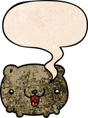 funny cartoon bear with speech bubble in retro texture style