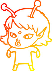 warm gradient line drawing of a pretty cartoon alien girl