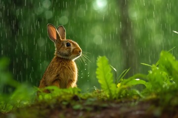 Adorable Brown Rabbit Captured in a Majestic Nature Setting, Braving a Drizzle of Rain, Reflecting the Resilience of Wildlife in Natural Elements