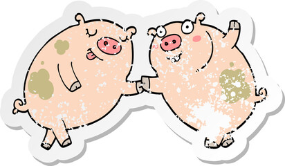 distressed sticker of a cartoon pigs dancing