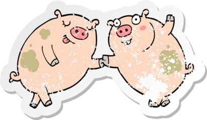 distressed sticker of a cartoon pigs dancing