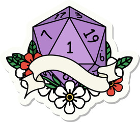 sticker of a natural one d20 dice roll