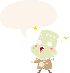 cartoon undead monster creation man with speech bubble in retro style