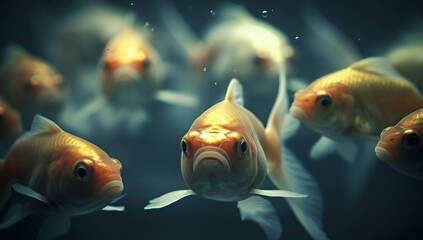 a group of goldfish under water, in the style of photosurrealist photorealism