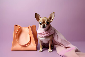 A chihuahua wearing colored shopping bags, in the style of minimalist backgrounds, light violet and pink