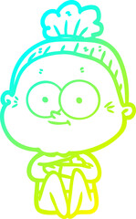cold gradient line drawing of a cartoon happy old woman