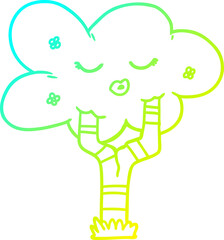 cold gradient line drawing of a cartoon tree with face