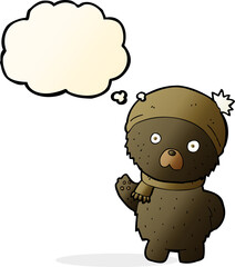 cartoon cute black bear in winter hat and scarf with thought bubble