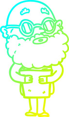 cold gradient line drawing of a cartoon curious man with beard and glasses